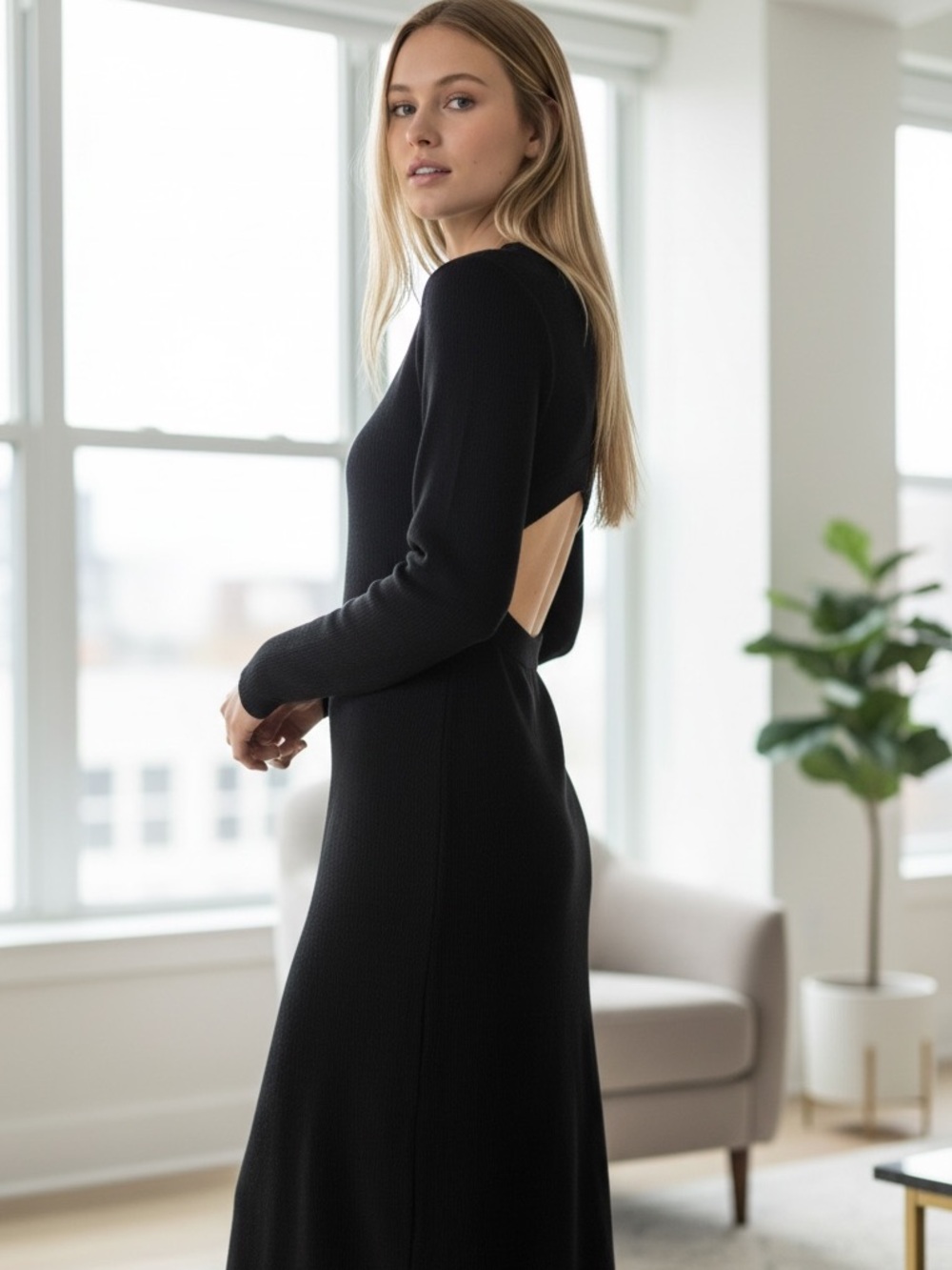 Guess Black Long Sleeve Knit Midi Dress with cutout back Sz X-Large